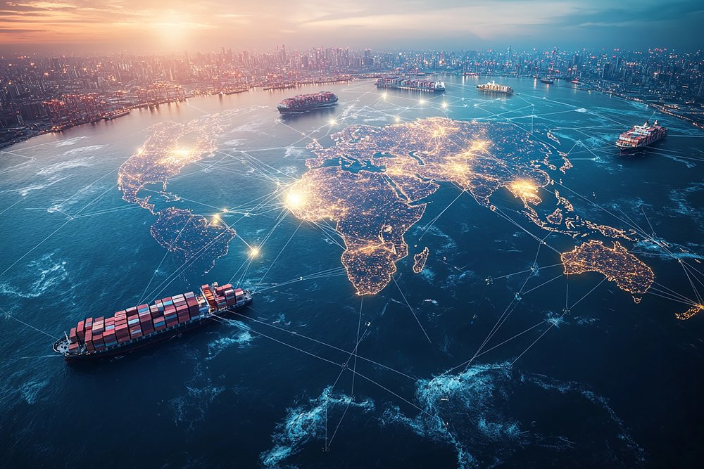 Global shipping network connecting international trade routes