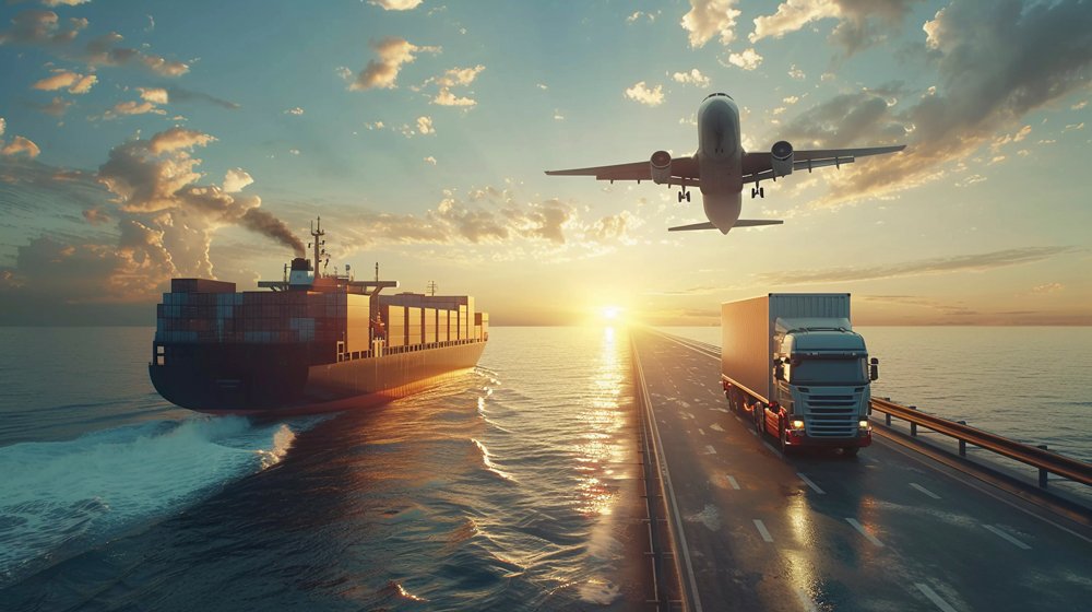 Aircraft, cargo ship and truck representing multimodal logistics